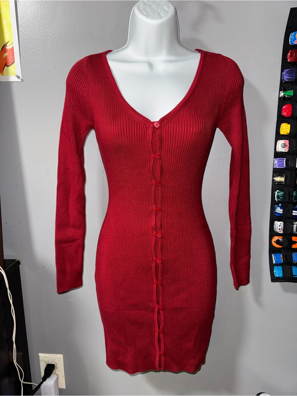 Abercrombie & Fitch Deep Red Ribbed Button-Front Long-Sleeve Dress